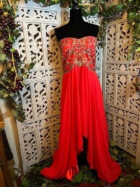 ED YOUNG POLYUSA VIBRANT RED CHIFFON & RHINESTONES HIGH-LOW FORMAL DRESS GOWN